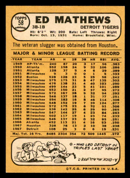 1968 Topps Baseball #058 Eddie Mathews Tigers NR-MT 552733