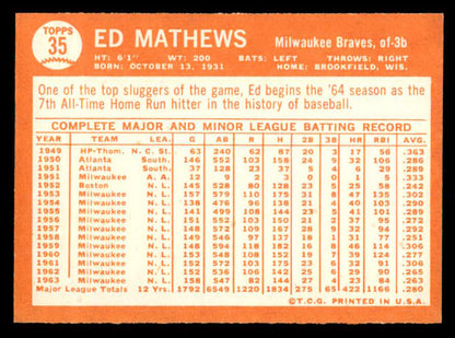 1964 Topps Baseball #035 Eddie Mathews Braves EX-MT 552738