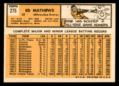 1963 Topps Baseball #275 Eddie Mathews Braves EX-MT 552743