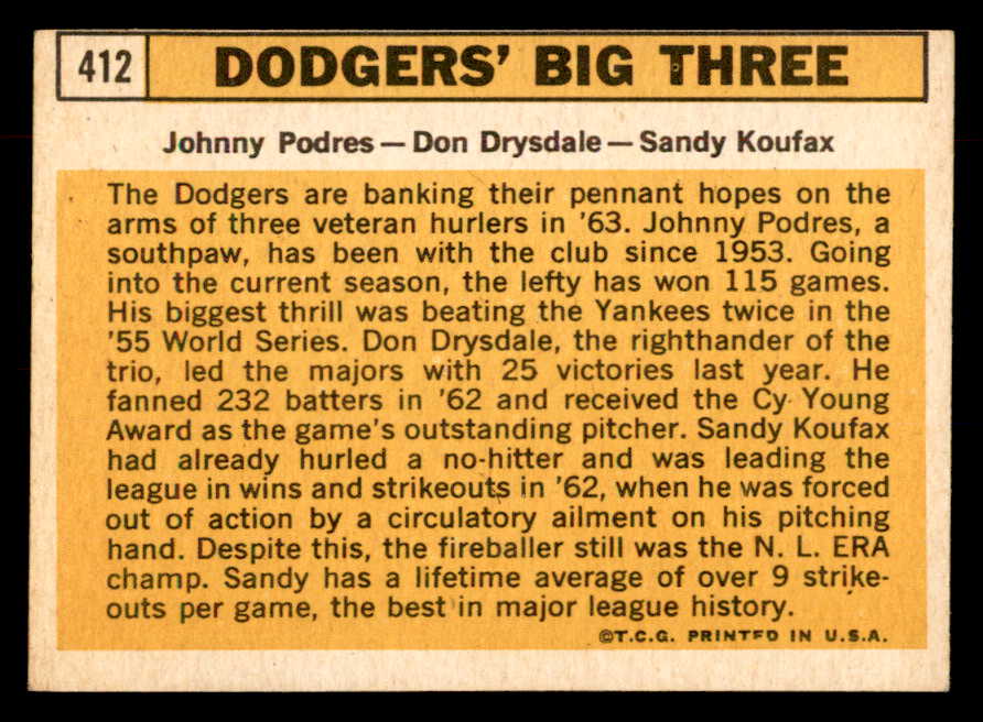 1963 Topps Baseball #412 Sandy Koufax Don Drysdale EX-MT 552744