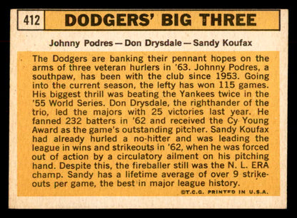 1963 Topps Baseball #412 Sandy Koufax Don Drysdale EX-MT 552744