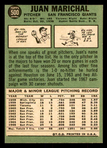 1967 Topps Baseball #500 Juan Marichal Giants EX+/EX-MT 552753