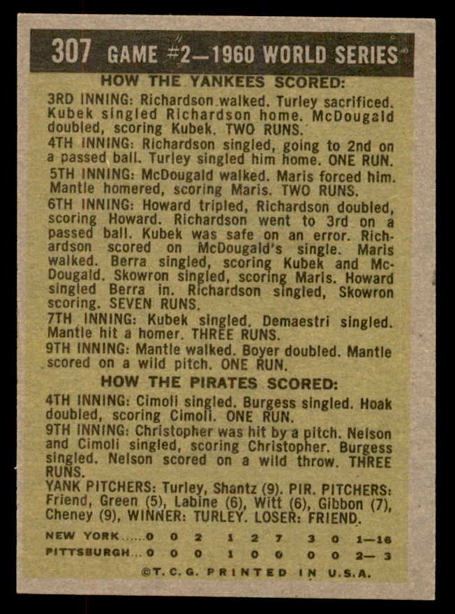 1961 Topps Baseball #307 World Series Game 2 Mickey Mantle EX+/EX-MT 552764