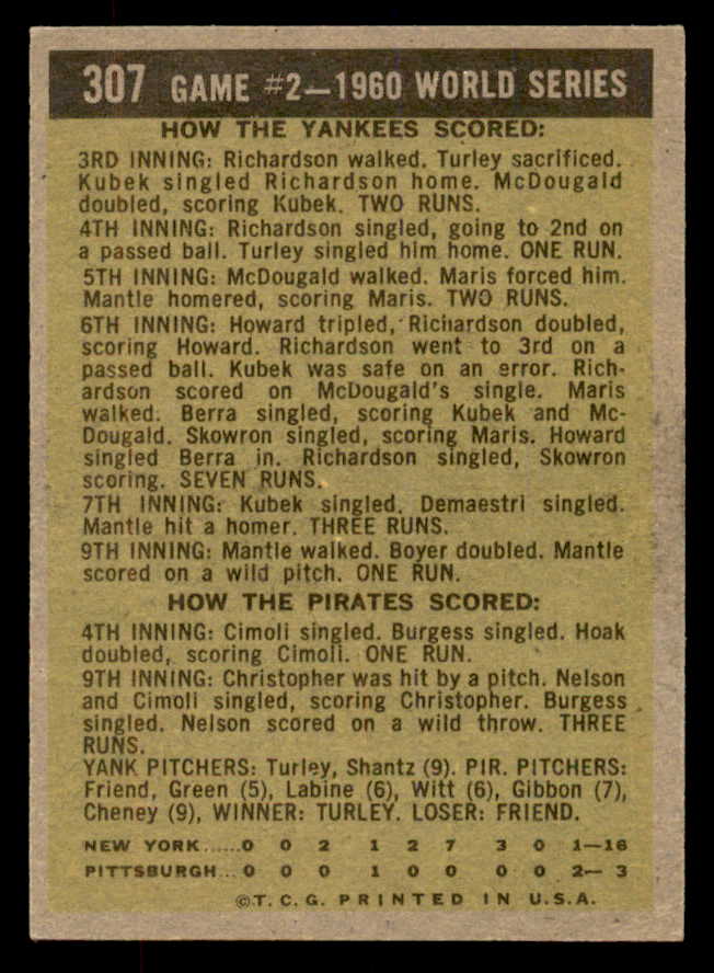 1961 Topps Baseball #307 World Series Game 2 Mickey Mantle EX 552765