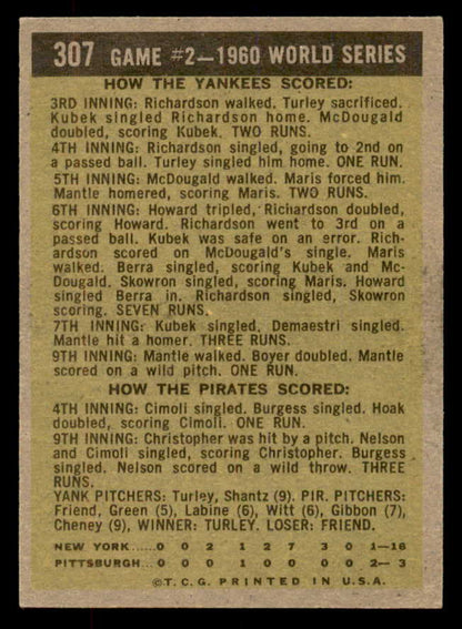 1961 Topps Baseball #307 World Series Game 2 Mickey Mantle EX 552765