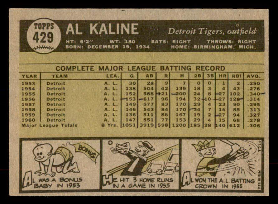 1961 Topps Baseball #429 Al Kaline Tigers EX-MT 552801
