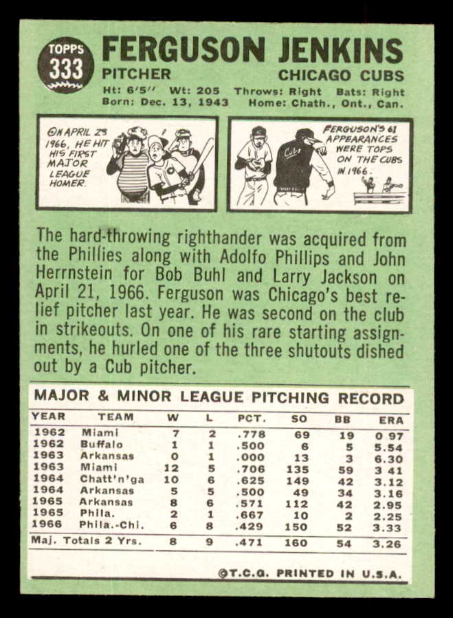 1967 Topps Baseball #333 Fergie Jenkins Cubs NR-MT 552802