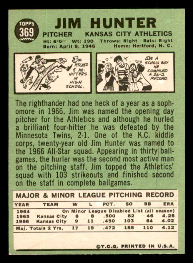 1967 Topps Baseball #369 Catfish Hunter A's NR-MT 552806