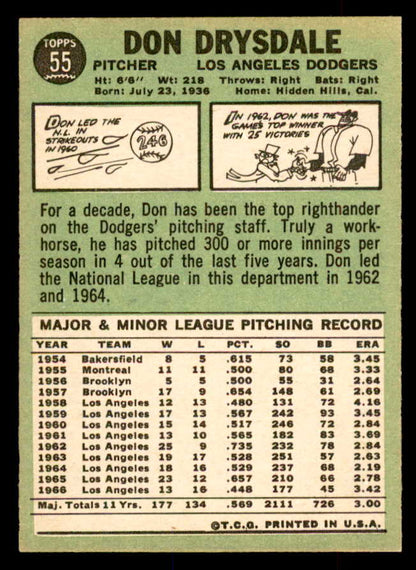 1967 Topps Baseball #055 Don Drysdale Dodgers NR-MT 552837