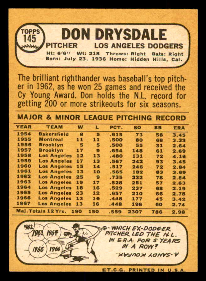 1968 Topps Baseball #145 Don Drysdale Dodgers NR-MT 552838