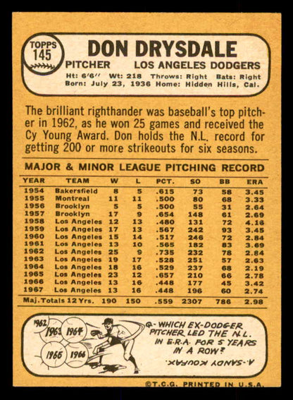 1968 Topps Baseball #145 Don Drysdale Dodgers NR-MT 552838