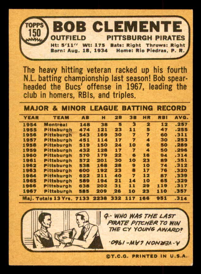 1968 Topps Baseball #150 Roberto Clemente Pirates NR-MT 552847