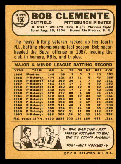 1968 Topps Baseball #150 Roberto Clemente Pirates NR-MT 552847