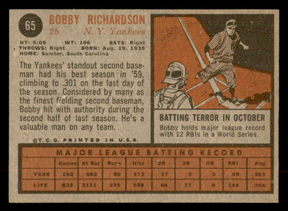 1962 Topps Baseball #065 Bobby Richardson Yankees EX-MT 552898