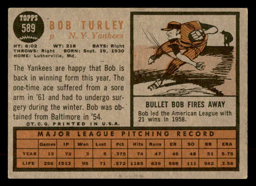 1962 Topps Baseball #589 Bob Turley Yankees EX 552899