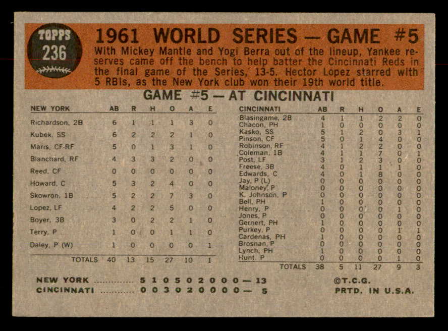 1962 Topps Baseball #236 World Series Game 5 Blanchard EX-MT 552912
