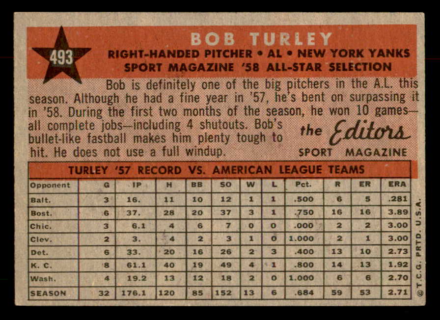1958 Topps Baseball #493 Bob Turley A.S. Yankees EX-MT 552946