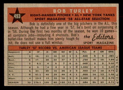1958 Topps Baseball #493 Bob Turley A.S. Yankees EX-MT 552946