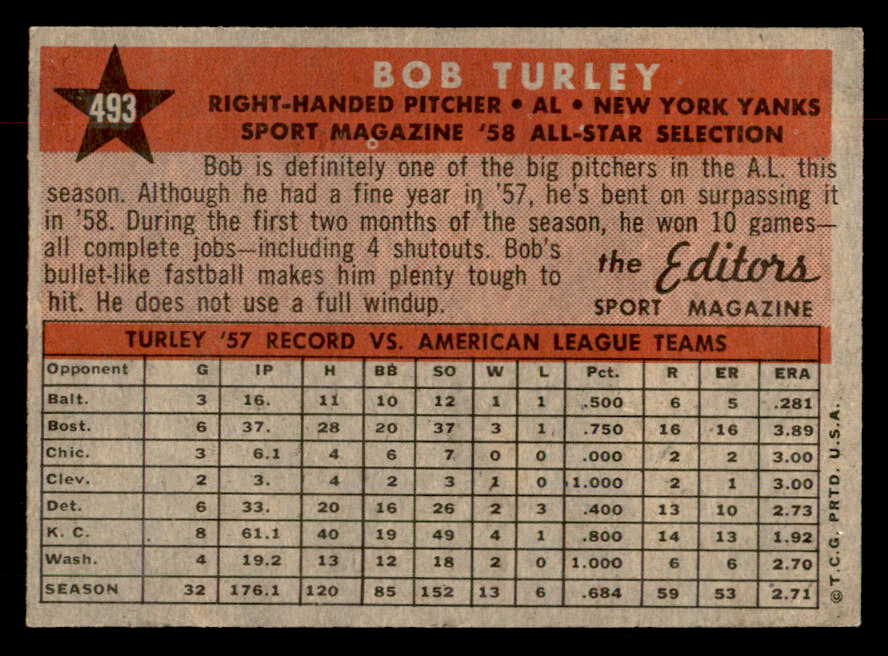 1958 Topps Baseball #493 Bob Turley A.S. Yankees EX-MT 552947