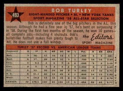1958 Topps Baseball #493 Bob Turley A.S. Yankees EX-MT 552947