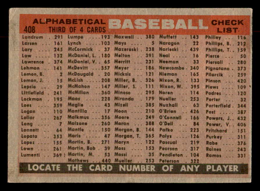 1958 Topps Baseball #408 Baltimore Orioles Team VG-EX 552960