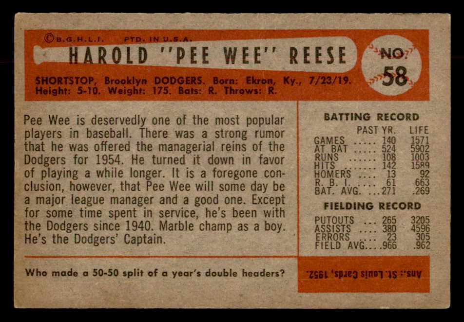 1954 Bowman Baseball #058 Pee Wee Reese Dodgers EX-MT 552970