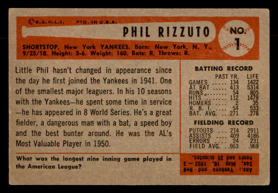 1954 Bowman Baseball #001 Phil Rizzuto Yankees EX 552971