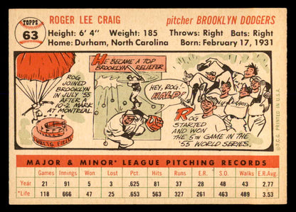 1956 Topps Baseball #063 Roger Craig Dodgers EX-MT White 552977