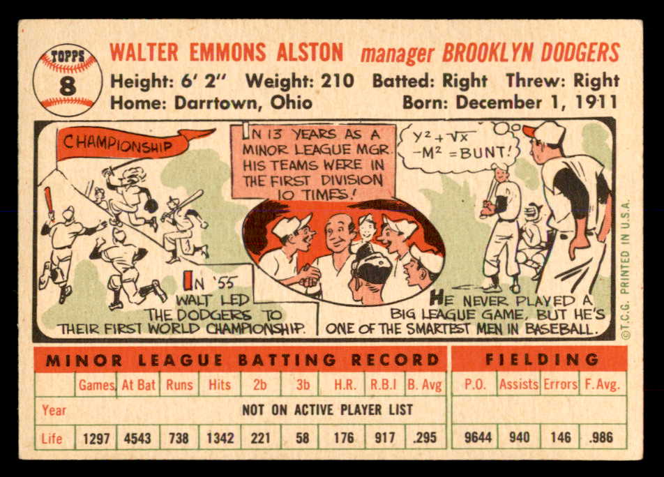 1956 Topps Baseball #008 Walter Alston Dodgers EX-MT White 552979