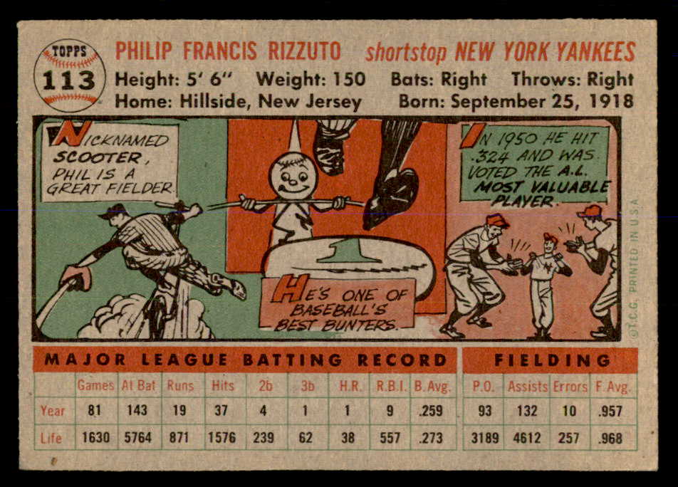 1956 Topps Baseball #113 Phil Rizzuto Yankees EX+/EX-MT Gray 552986