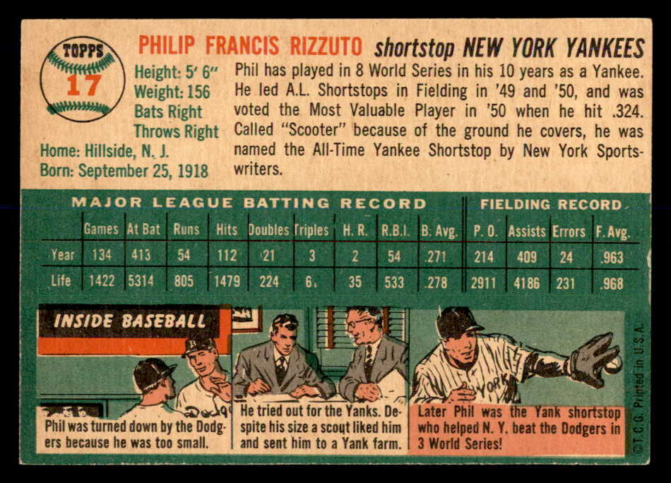 1954 Topps Baseball #017 Phil Rizzuto Yankees EX-MT 552996