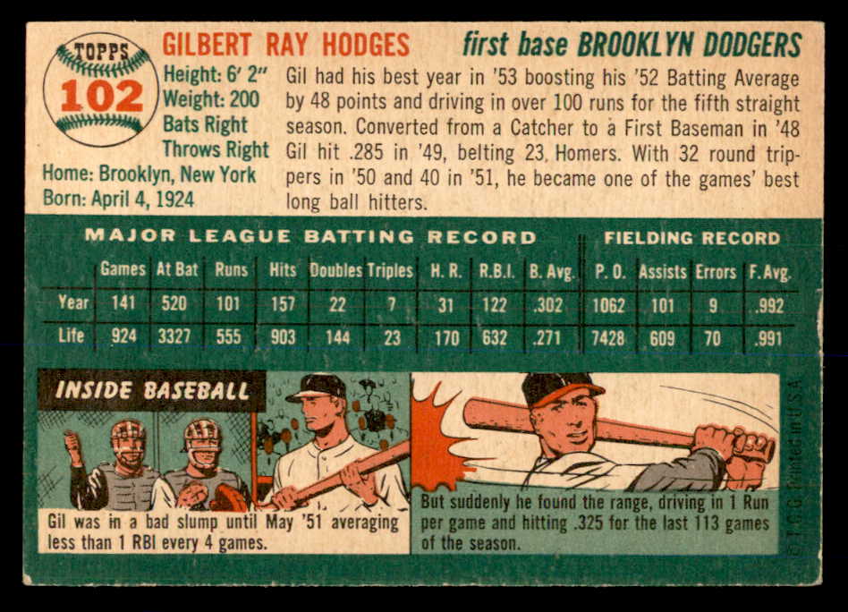1954 Topps Baseball #102 Gil Hodges Dodgers EX-MT 552997