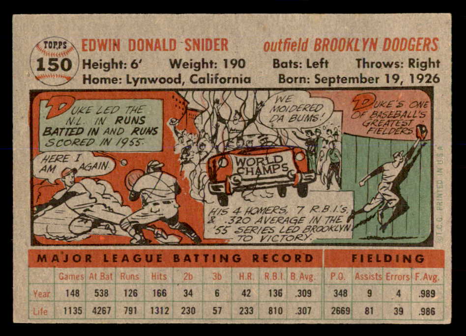1956 Topps Baseball #150 Duke Snider Dodgers EX-MT Gray 552998