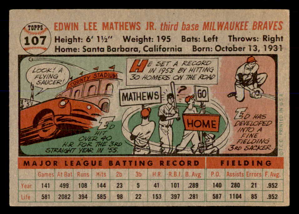 1956 Topps Baseball #107 Eddie Mathews Braves EX Gray 553004