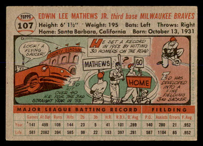 1956 Topps Baseball #107 Eddie Mathews Braves EX-MT Gray 553005