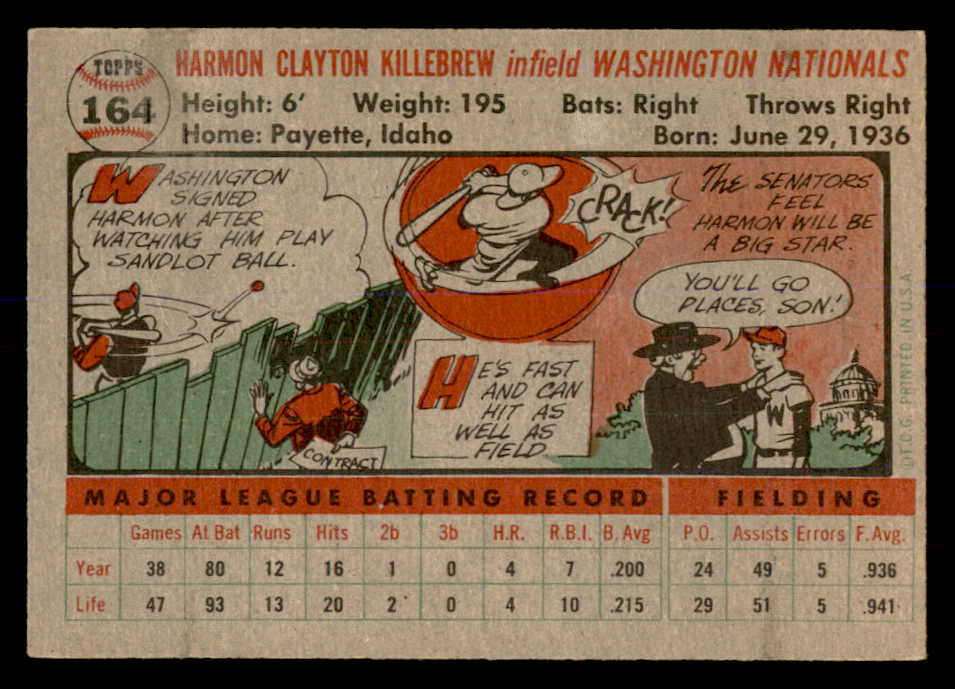 1956 Topps Baseball #164 Harmon Killebrew Senators EX-MT Gray 553007