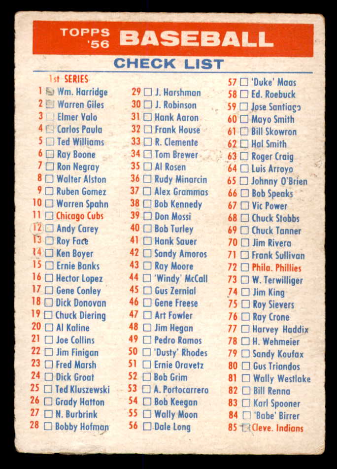 1956 Topps Baseball Checklist 1/3 VG-EX unmarked 553025