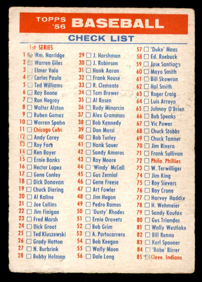 1956 Topps Baseball Checklist 1/3 VG-EX unmarked 553025