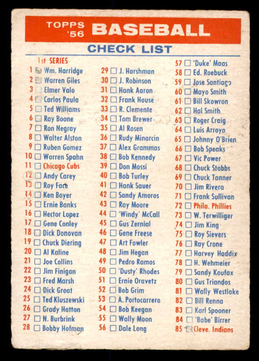 1956 Topps Baseball Checklist 1/3 VG-EX unmarked 553025
