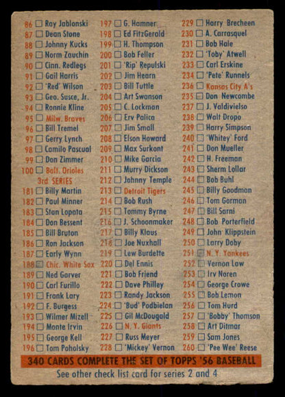 1956 Topps Baseball Checklist 1/3 VG-EX unmarked 553025