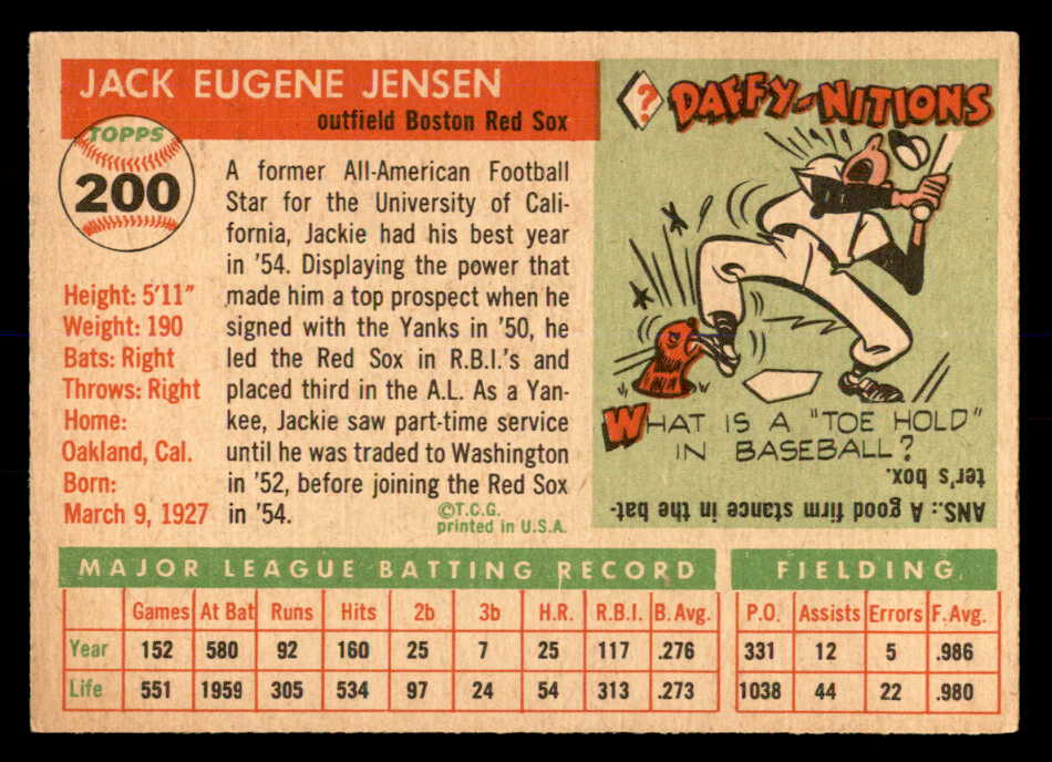 1955 Topps Baseball #200 Jackie Jensen Red Sox VG-EX 553035