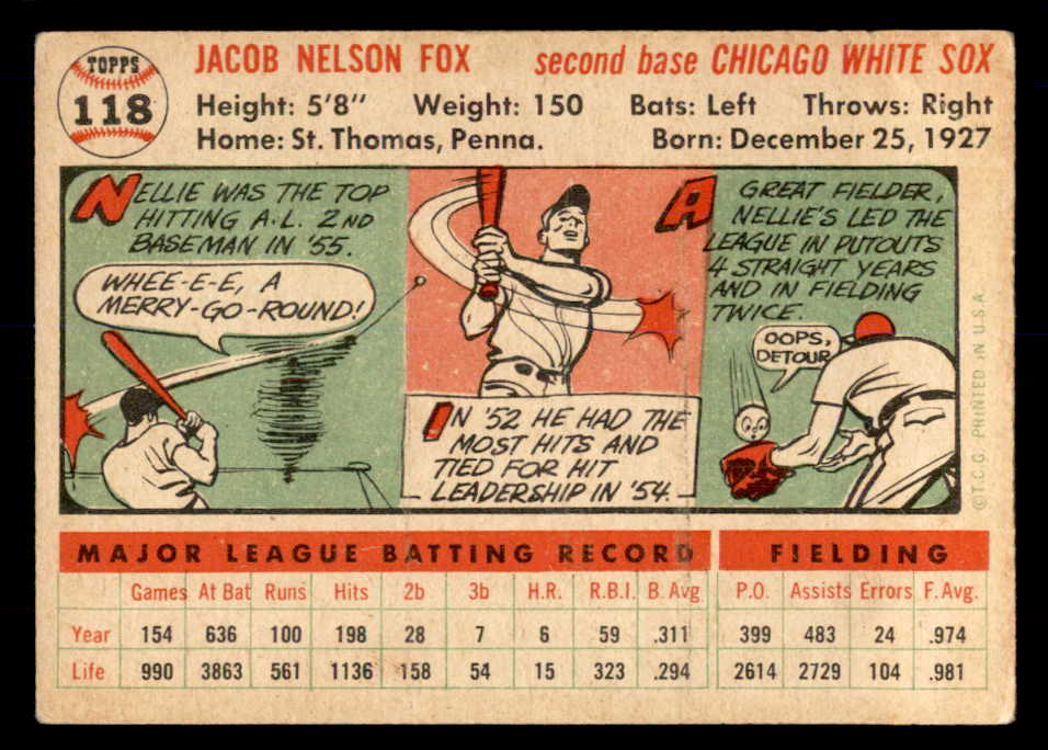 1956 Topps Baseball #118 Nellie Fox White Sox VG White 553037