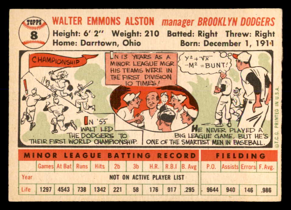 1956 Topps Baseball #008 Walter Alston Dodgers EX-MT White 553041