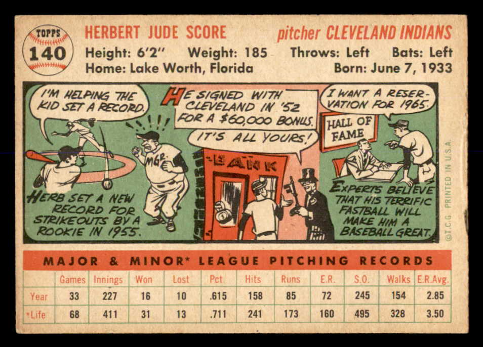 1956 Topps Baseball #140 Herb Score Indians EX-MT White 553050