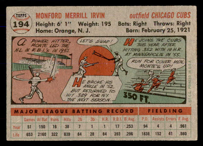 1956 Topps Baseball #194 Monte Irvin Cubs EX 553055