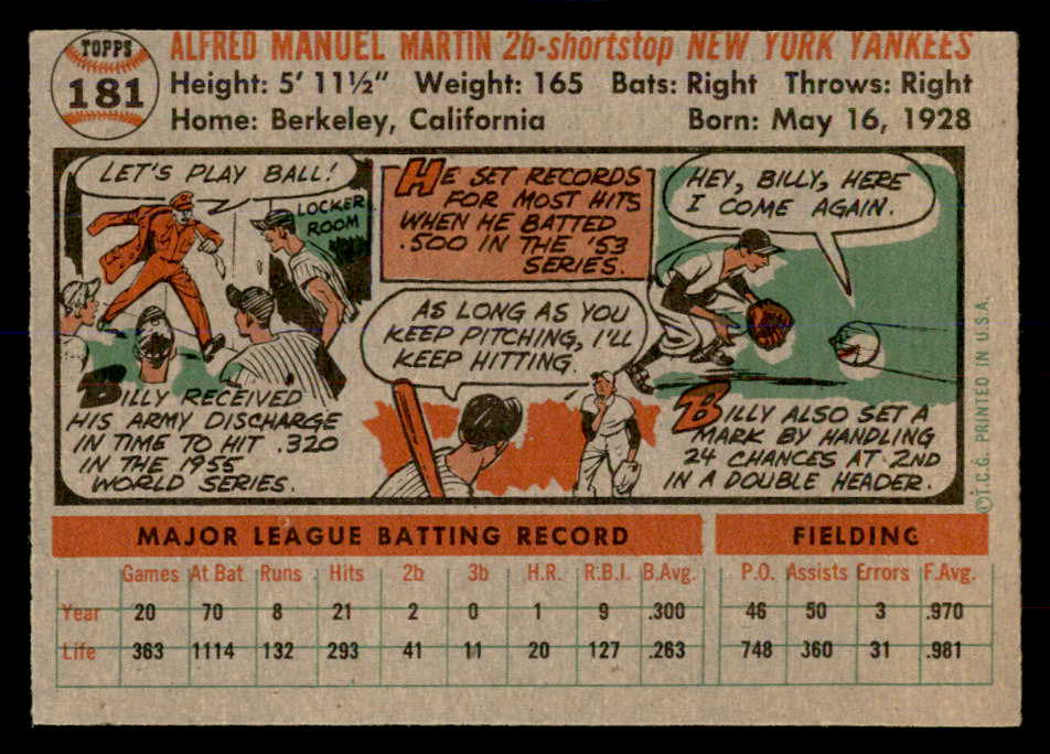 1956 Topps Baseball #181 Billy Martin Yankees EX-MT 553059