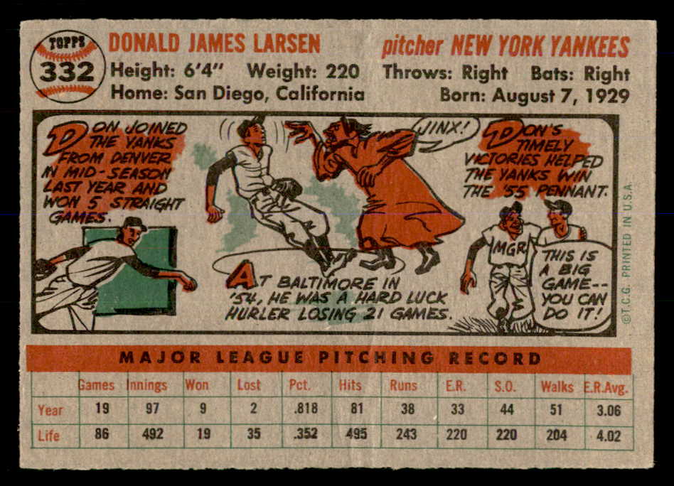 1956 Topps Baseball #332 Don Larsen Yankees VG-EX 553063