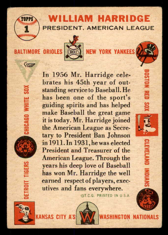 1956 Topps Baseball #001 William Harridge President VG-EX White 553069