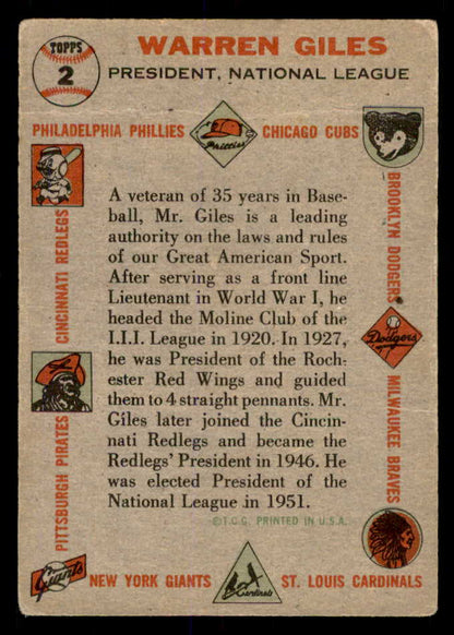 1956 Topps Baseball #002 Warren Giles President VG Gray 553070
