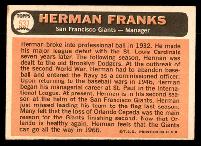 1966 Topps Baseball #537 Herman Franks Giants EX 553100